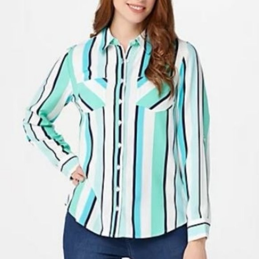 Denim&Co Striped Blouse in Blue and Black